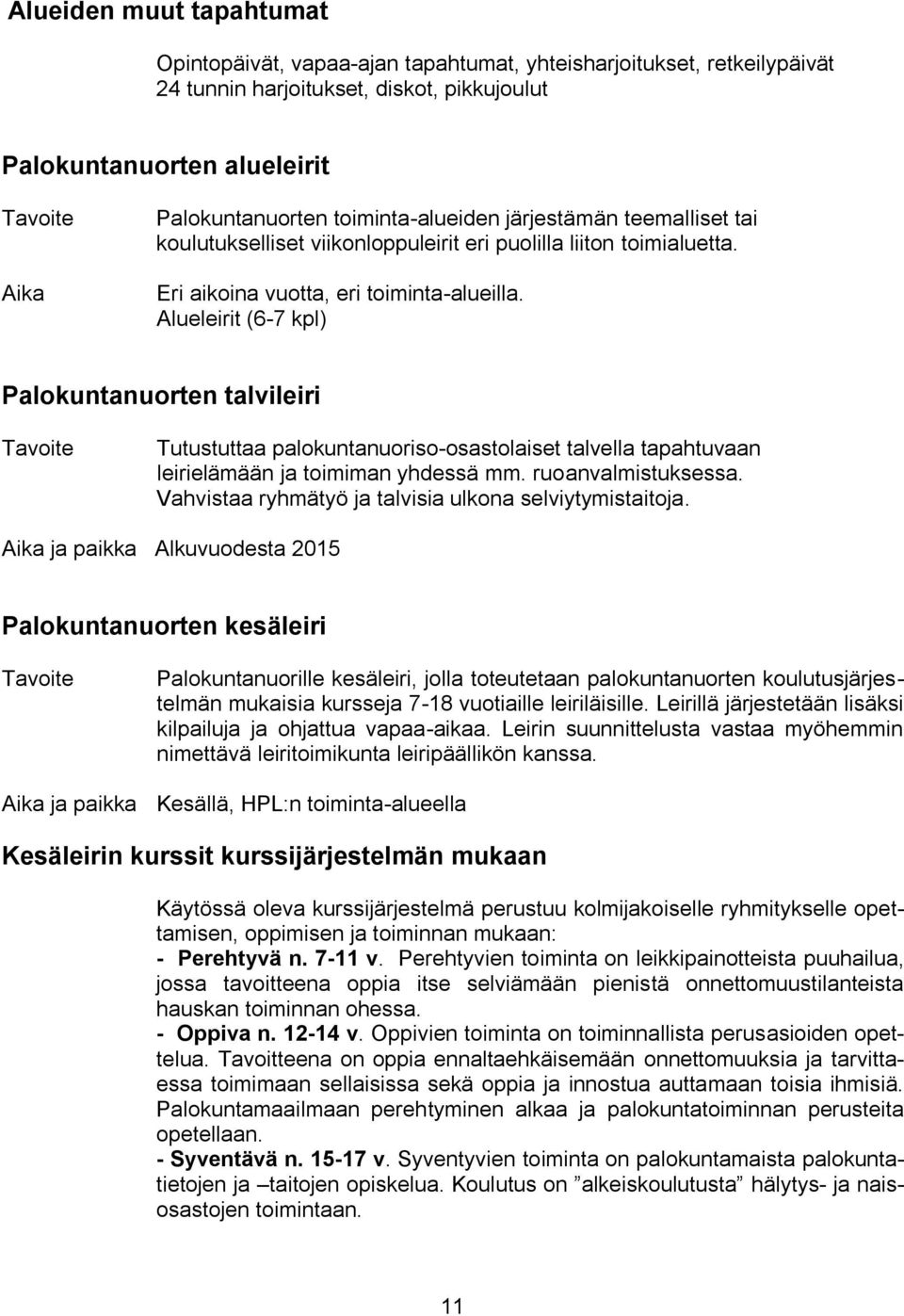 Alueleirit (6-7 kpl) Palokuntanuorten talvileiri Tutustuttaa palokuntanuoriso-osastolaiset talvella tapahtuvaan leirielämään ja toimiman yhdessä mm. ruoanvalmistuksessa.