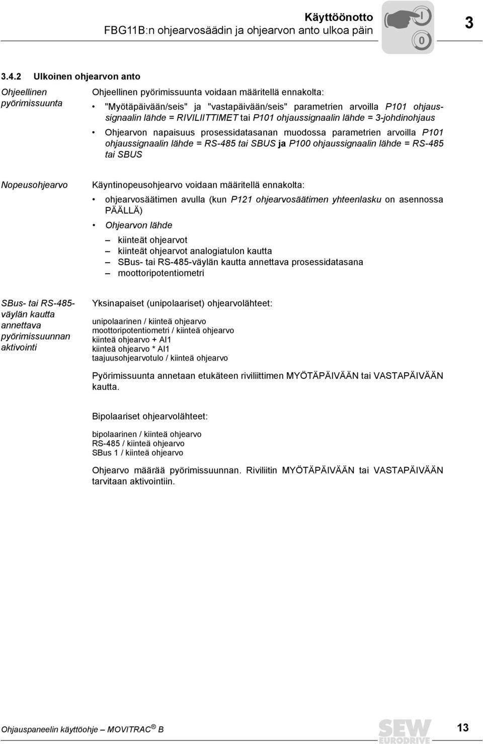 = RVLTTMET tai P11 ohjaussignaalin lähde = 3-johdinohjaus Ohjearvon napaisuus prosessidatasanan muodossa parametrien arvoilla P11 ohjaussignaalin lähde = RS-485 tai SBUS ja P1 ohjaussignaalin lähde =