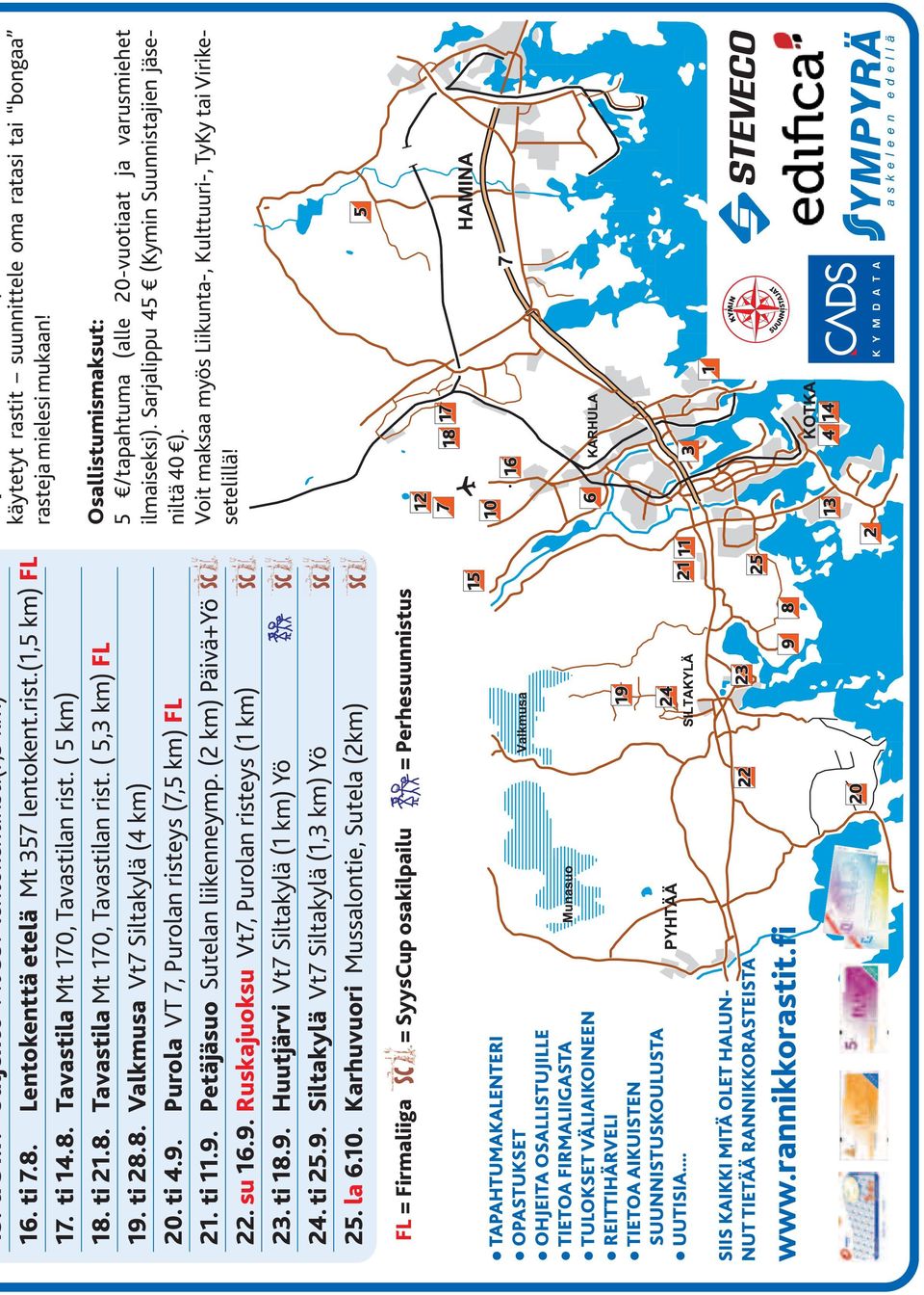 ti 11.9. Petäjäsuo Sutelan liikenneymp. (2 km) Päivä+Yö SC 22. su 16.9. Ruskajuoksu Vt7, Purolan risteys (1 km) SC 23. ti 18.9. Huutjärvi Vt7 Siltakylä (1 km) Yö SC 24. ti 25.9. Siltakylä Vt7 Siltakylä (1,3 km) Yö SC 25.