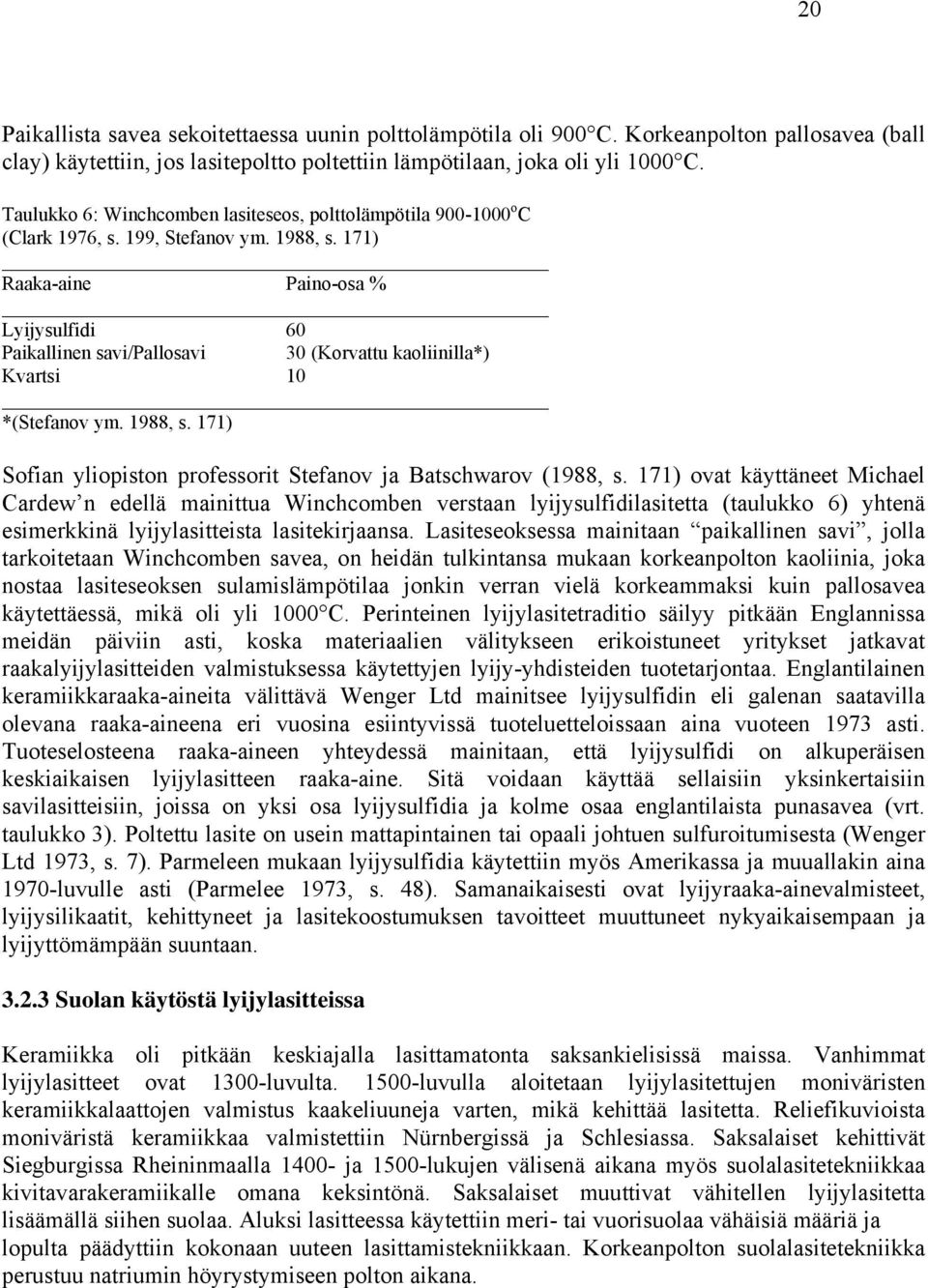 171) Raaka-aine Paino-osa % Lyijysulfidi 60 Paikallinen savi/pallosavi 30 (Korvattu kaoliinilla*) Kvartsi 10 *(Stefanov ym. 1988, s.