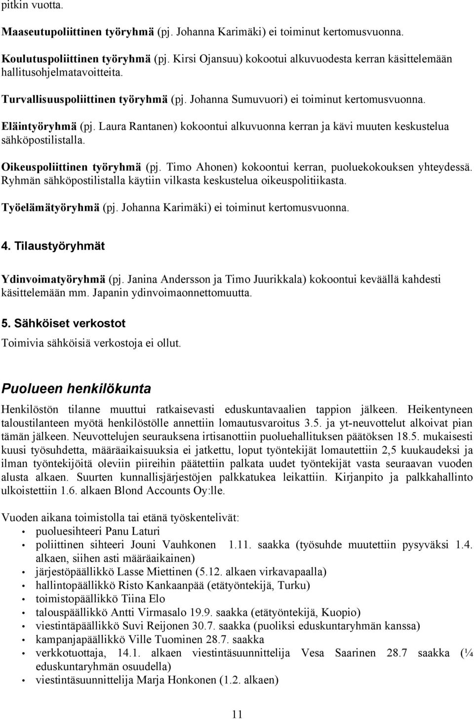 Laura Rantanen) kokoontui alkuvuonna kerran ja kävi muuten keskustelua sähköpostilistalla. Oikeuspoliittinen työryhmä (pj. Timo Ahonen) kokoontui kerran, puoluekokouksen yhteydessä.