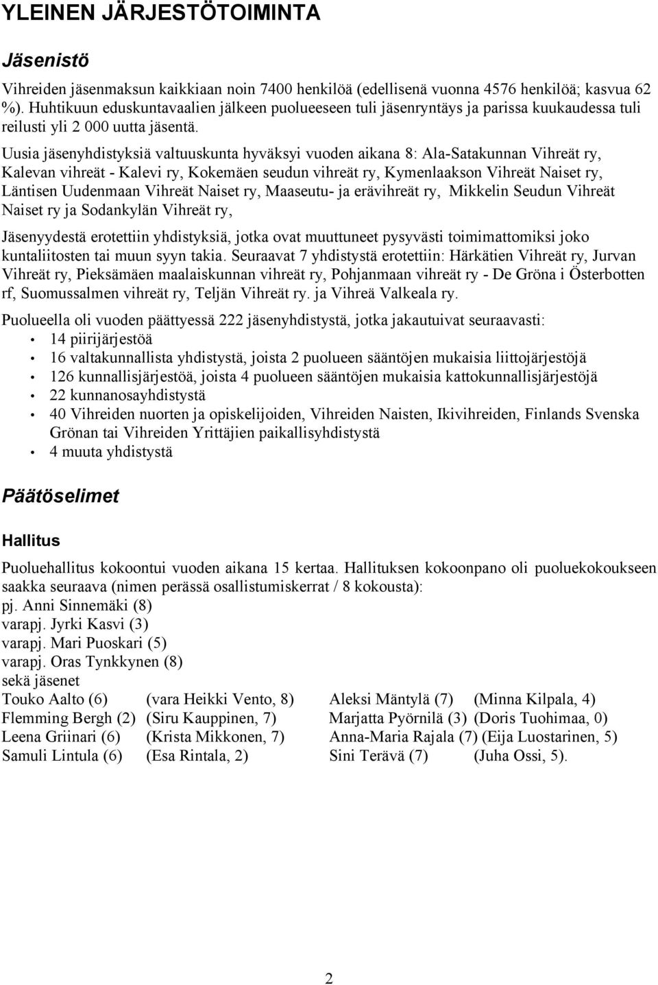 Uusia jäsenyhdistyksiä valtuuskunta hyväksyi vuoden aikana 8: Ala-Satakunnan Vihreät ry, Kalevan vihreät - Kalevi ry, Kokemäen seudun vihreät ry, Kymenlaakson Vihreät Naiset ry, Läntisen Uudenmaan