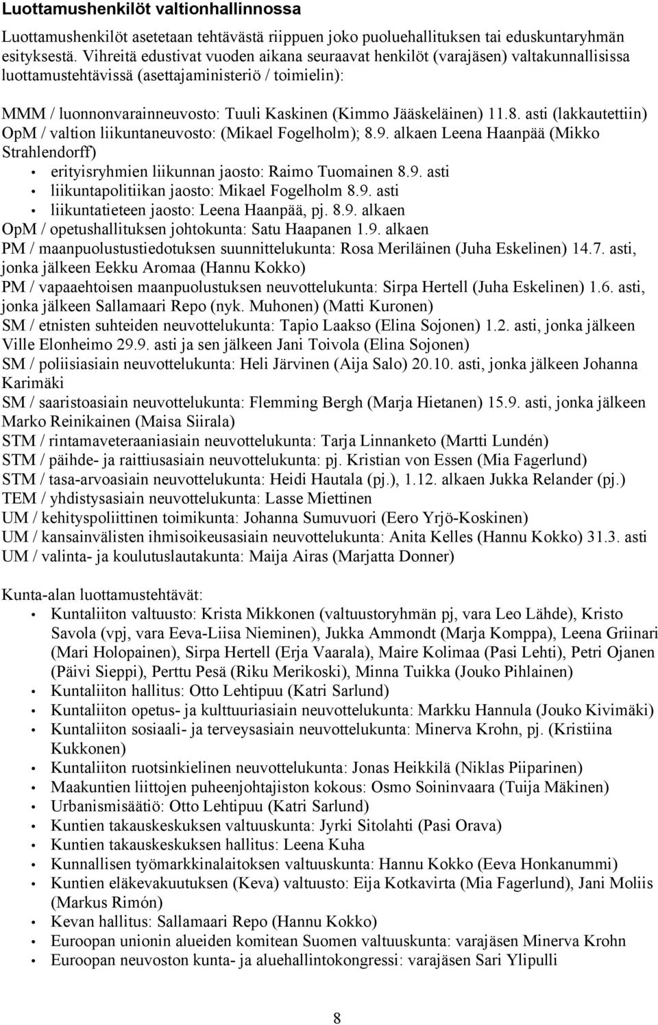 Jääskeläinen) 11.8. asti (lakkautettiin) OpM / valtion liikuntaneuvosto: (Mikael Fogelholm); 8.9. alkaen Leena Haanpää (Mikko Strahlendorff) erityisryhmien liikunnan jaosto: Raimo Tuomainen 8.9. asti liikuntapolitiikan jaosto: Mikael Fogelholm 8.