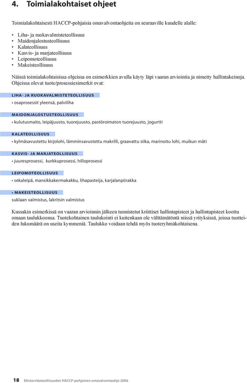 Ohjeissa olevat tuote/prosessiesimerkit ovat: LIHA- JA RUOKAVALMISTETEOLLISUUS osaprosessit yleensä, palviliha MAIDONJALOSTUSTEOLLISUUS kulutusmaito, leipäjuusto, tuorejuusto, pastöroimaton