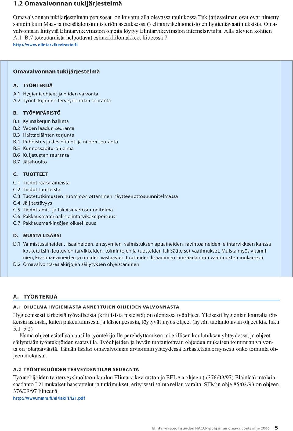 Omavalvontaan liittyviä Elintarvikeviraston ohjeita löytyy Elintarvikeviraston internetsivuilta. Alla olevien kohtien A.1 B.7 toteuttamista helpottavat esimerkkilomakkeet liitteessä 7. http://www.