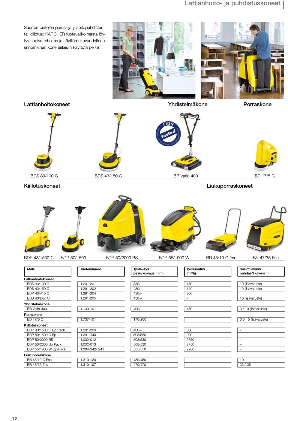 Lattianhoitokoneet Yhdistelmäkone Porraskone BDS 33/190 C BDS 43/150 C BR Vario 400 BD 17/5 C Kiillotuskoneet Liukuporraskoneet BDP 43/1500 C BDP 50/1500 BDP 50/2000 RS BDP 55/1900 W BR 45/10 C Esc