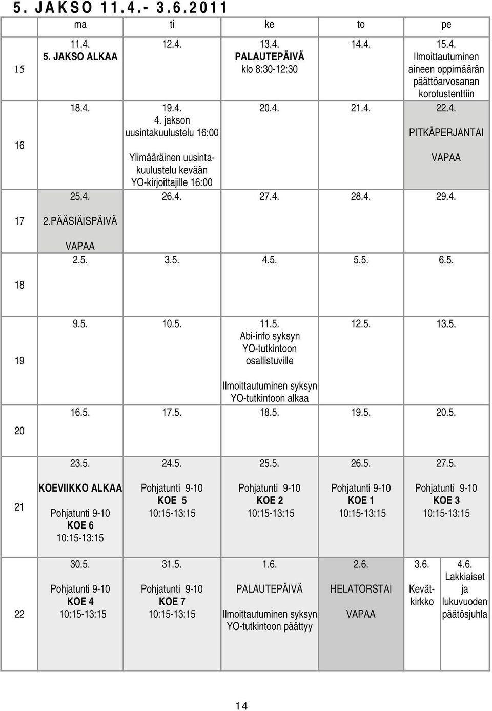 5. 13.5. 20 Ilmoittautuminen syksyn YO-tutkintoon alkaa 16.5. 17.5. 18.5. 19.5. 20.5. 23.5. 24.5. 25.5. 26.5. 27.5. 21 KOEVIIKKO ALKAA Pohjatunti 9-10 KOE 6 10:15-13:15 Pohjatunti 9-10 KOE 5 10:15-13:15 Pohjatunti 9-10 KOE 2 10:15-13:15 Pohjatunti 9-10 KOE 1 10:15-13:15 Pohjatunti 9-10 KOE 3 10:15-13:15 22 30.