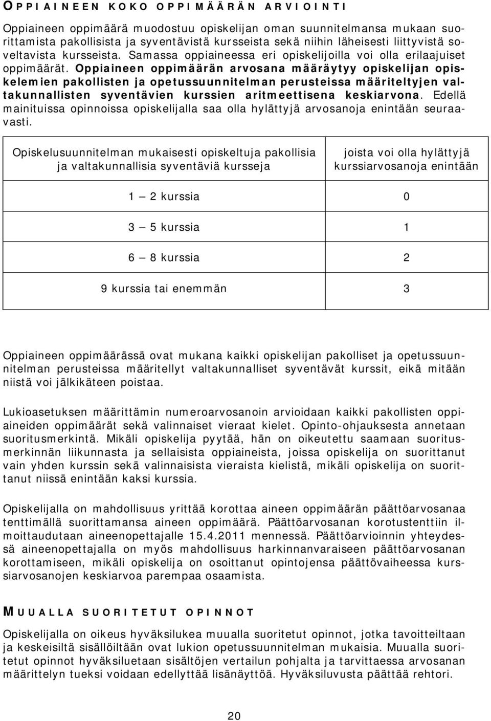 Oppiaineen oppimäärän arvosana määräytyy opiskelijan opiskelemien pakollisten ja opetussuunnitelman perusteissa määriteltyjen valtakunnallisten syventävien kurssien aritmeettisena keskiarvona.