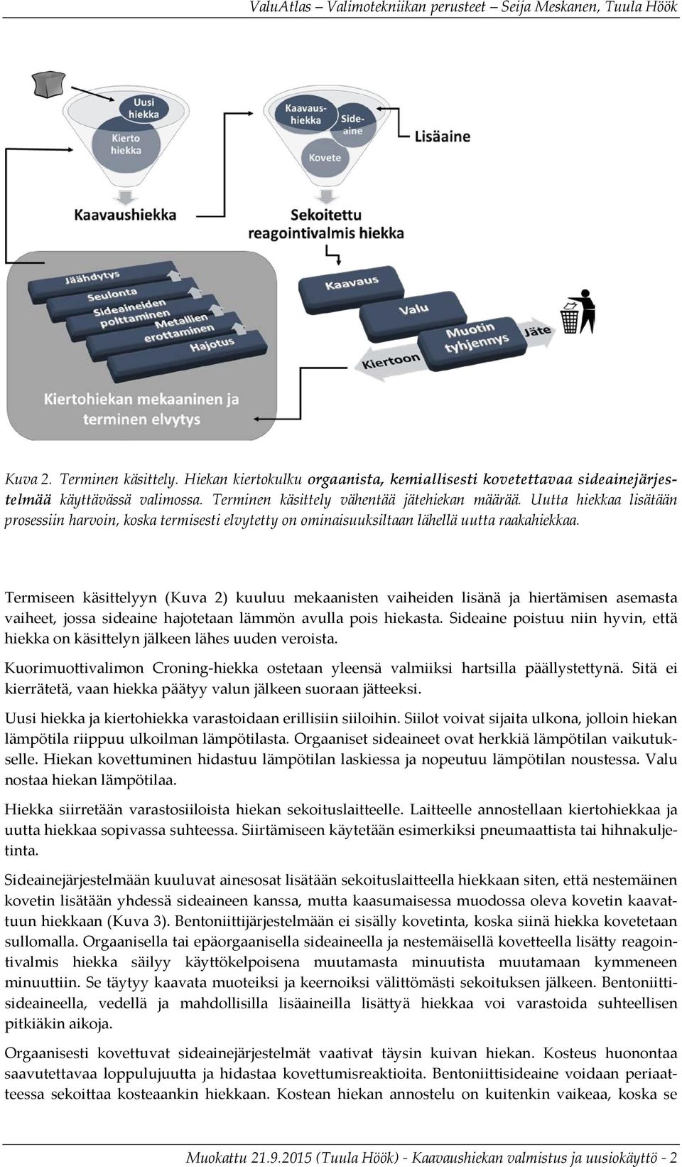 Termiseen käsittelyyn (Kuva 2) kuuluu mekaanisten vaiheiden lisänä ja hiertämisen asemasta vaiheet, jossa sideaine hajotetaan lämmön avulla pois hiekasta.