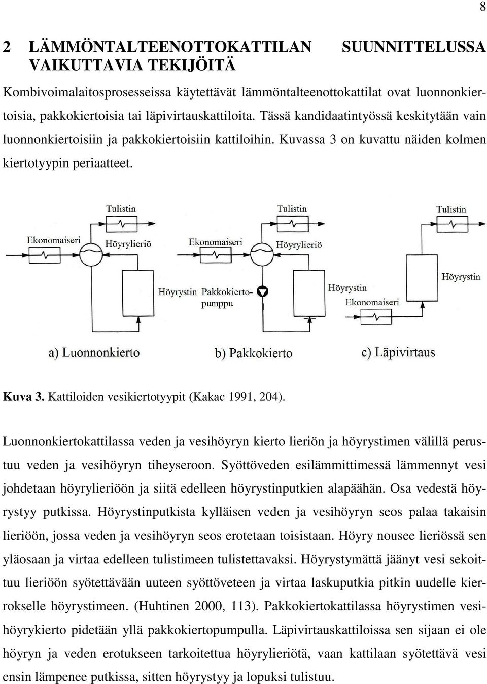 Kattiloiden vesikiertotyypit (Kakac 1991, 204). Luonnonkiertokattilassa veden ja vesihöyryn kierto lieriön ja höyrystimen välillä perustuu veden ja vesihöyryn tiheyseroon.