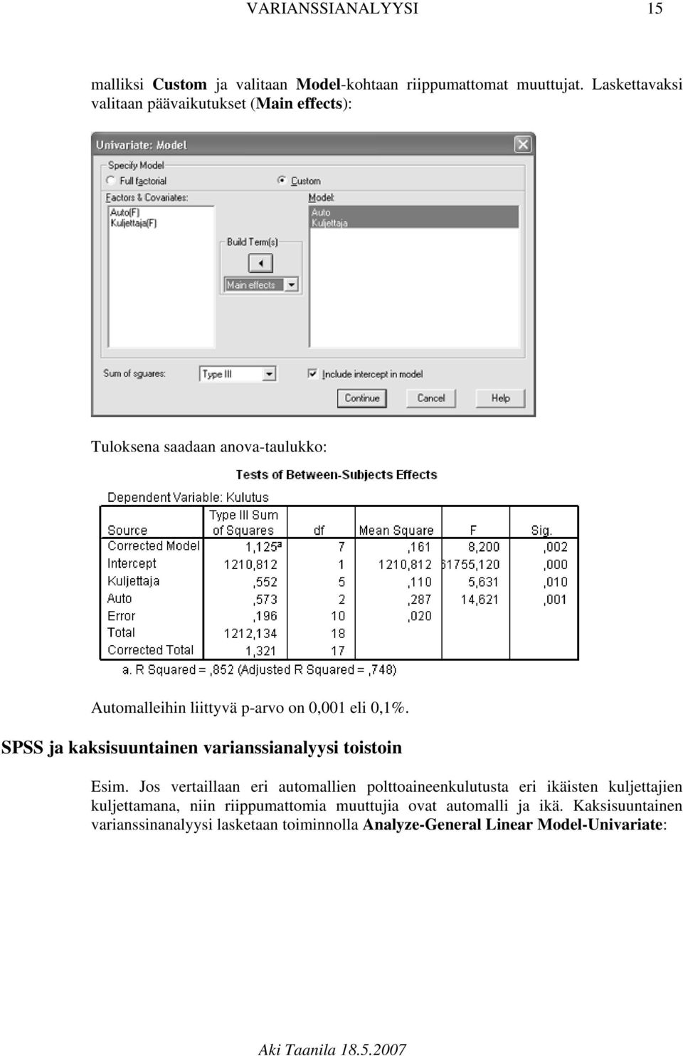 0,1%. SPSS ja kaksisuuntainen varianssianalyysi toistoin Esim.