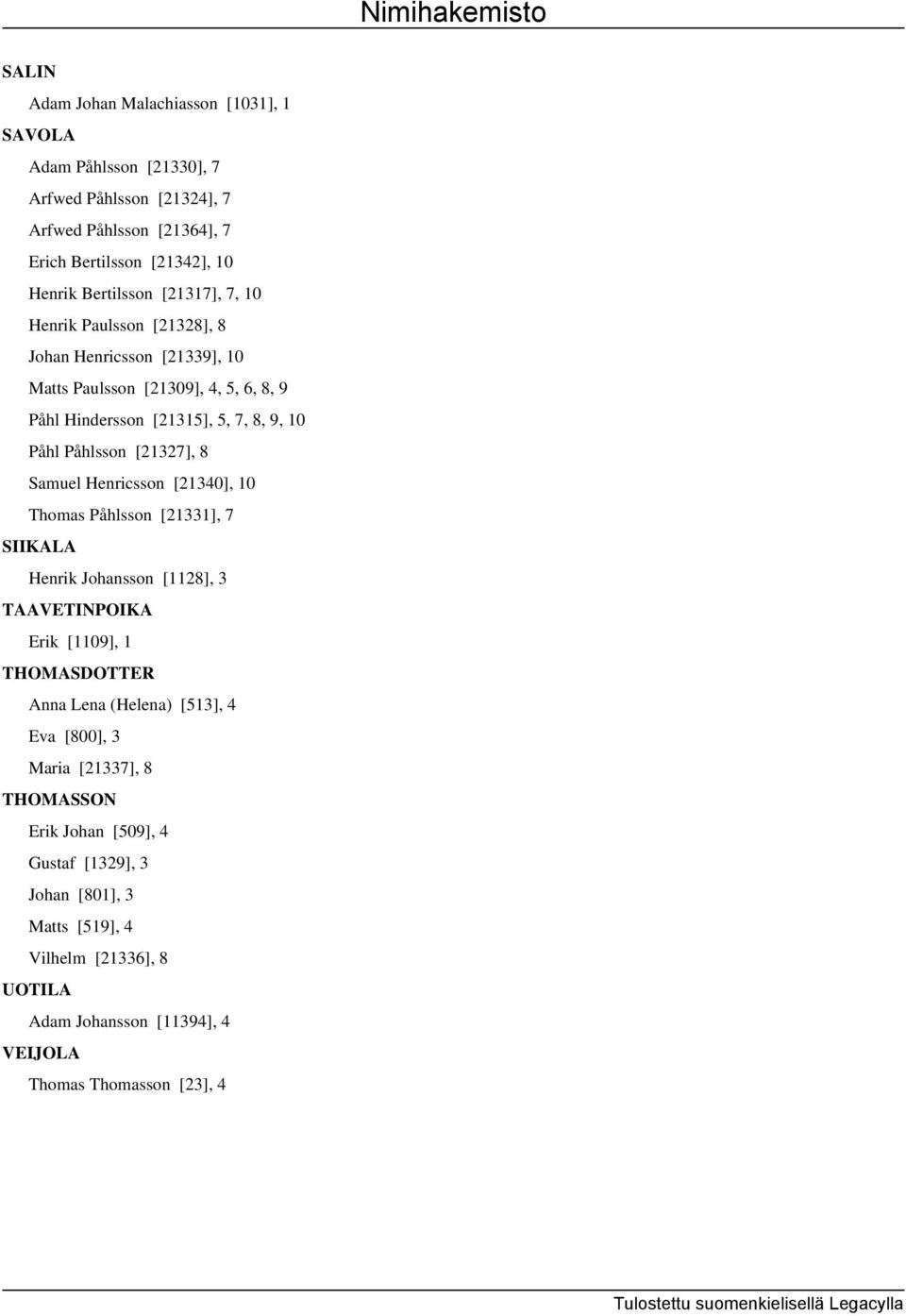 [21327], 8 Samuel Henricsson [21340], 10 Thomas Påhlsson [21331], 7 SIIKALA Henrik Johansson [1128], 3 TAAVETINPOIKA Erik [1109], 1 THOMASDOTTER Anna Lena (Helena) [513], 4 Eva