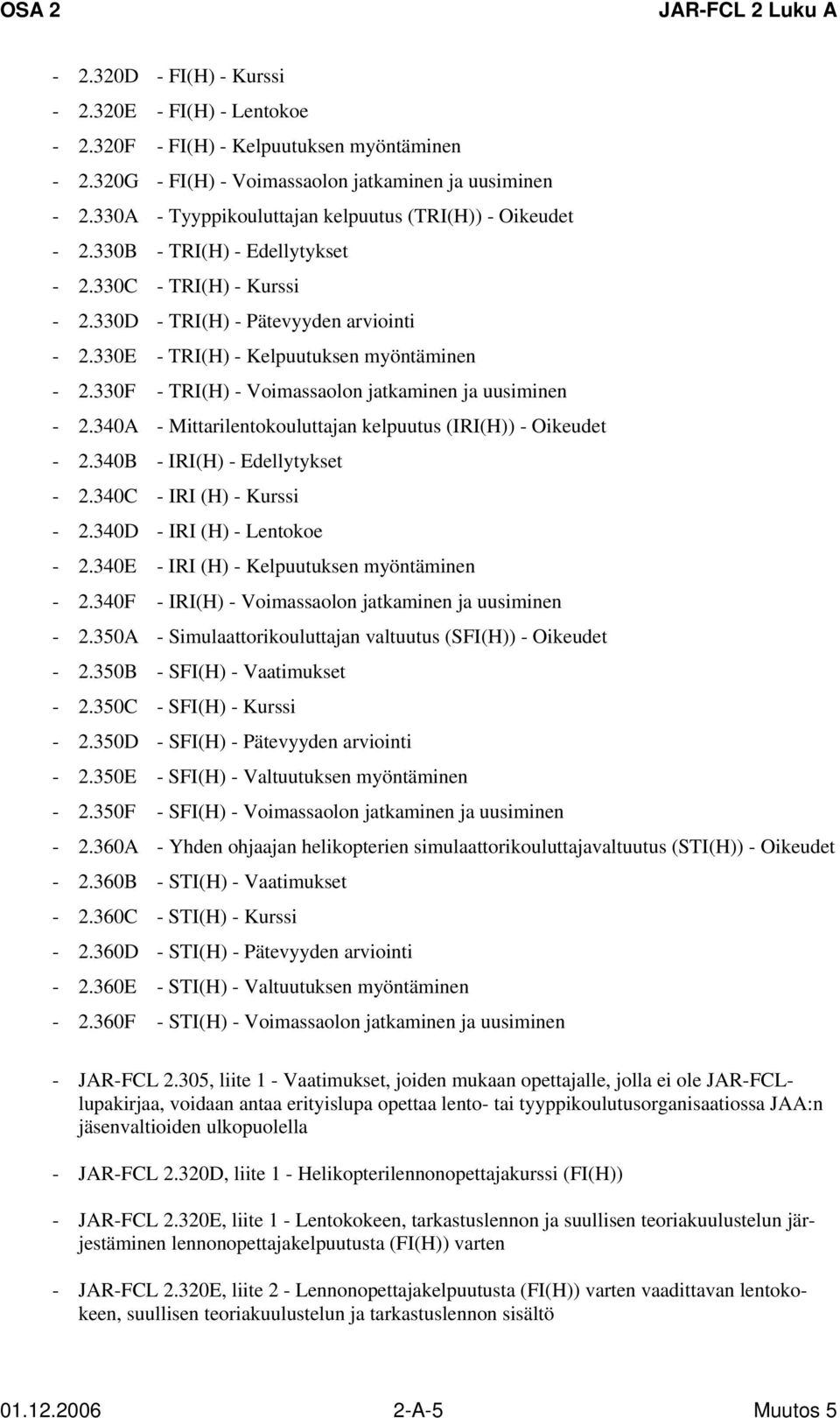 330E - TRI(H) - Kelpuutuksen myöntäminen - 2.330F - TRI(H) - Voimassaolon jatkaminen ja uusiminen - 2.340A - Mittarilentokouluttajan kelpuutus (IRI(H)) - Oikeudet - 2.340B - IRI(H) - Edellytykset - 2.