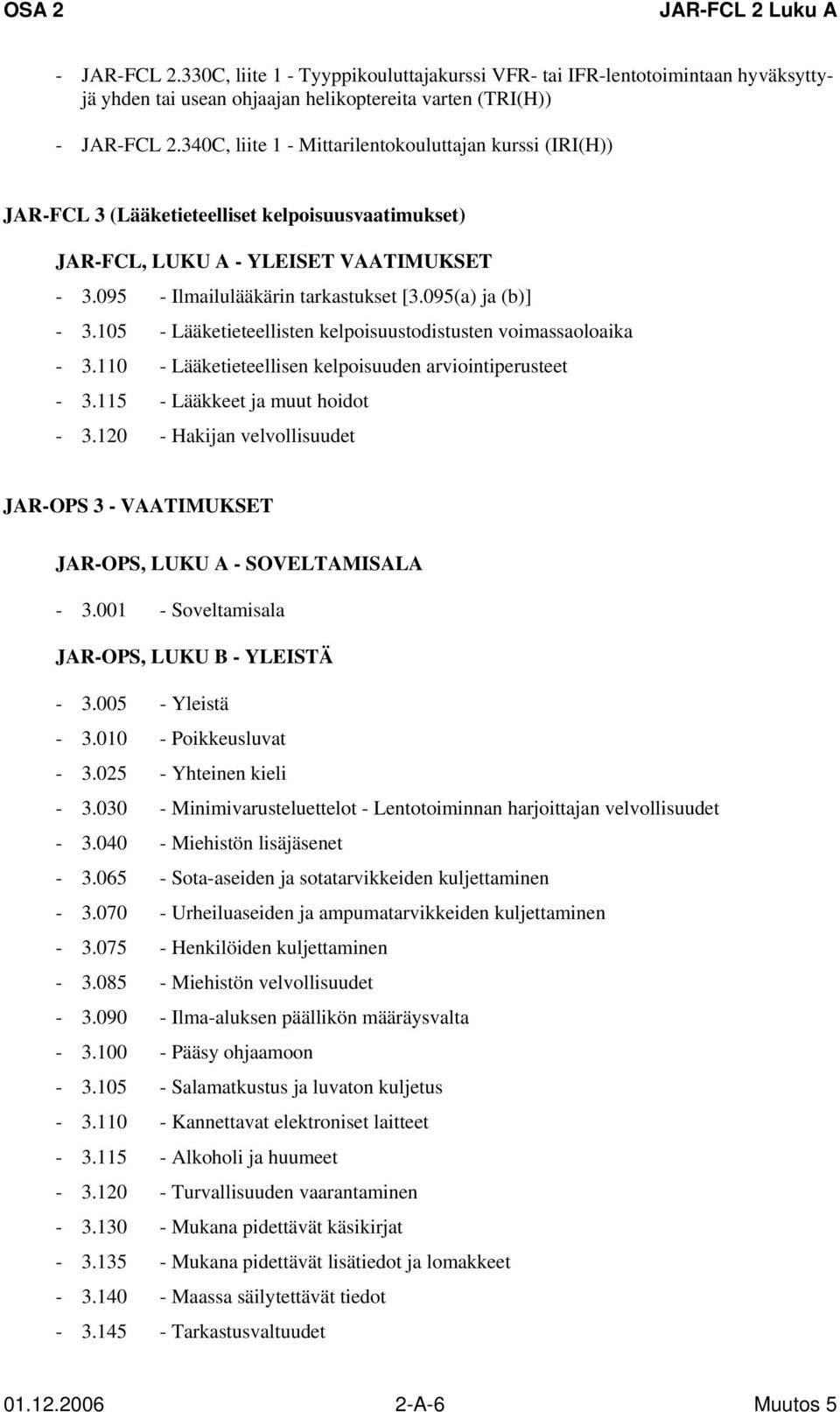 095(a) ja (b)] - 3.105 - Lääketieteellisten kelpoisuustodistusten voimassaoloaika - 3.110 - Lääketieteellisen kelpoisuuden arviointiperusteet - 3.115 - Lääkkeet ja muut hoidot - 3.