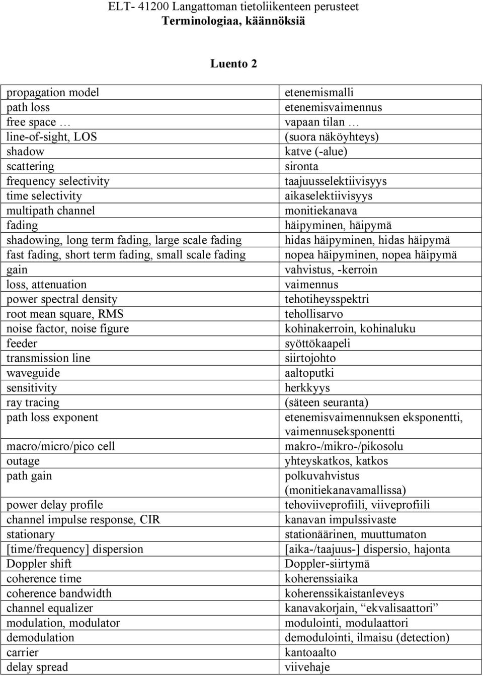 tracing path loss exponent macro/micro/pico cell outage path gain power delay profile channel impulse response, CIR stationary [time/frequency] dispersion Doppler shift coherence time coherence