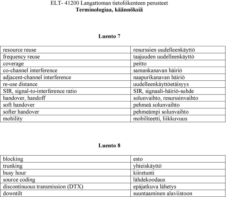 uudelleenkäyttöetäisyys SIR, signaali-häiriö-suhde solunvaihto, resurssinvaihto pehmeä solunvaihto pehmeämpi solunvaihto mobiliteetti, liikkuvuus Luento 8