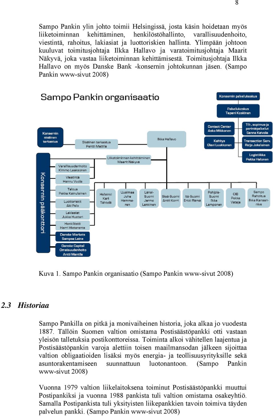 Toimitusjohtaja Ilkka Hallavo on myös Danske Bank -konsernin johtokunnan jäsen. (Sampo Pankin www-sivut 2008) Kuva 1. Sampo Pankin organisaatio (Sampo Pankin www-sivut 2008) 2.