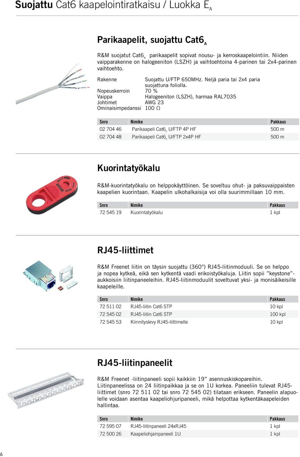 Nopeuskerroin 70 % Vaippa Halogeeniton (LSZH), harmaa RAL7035 Johtimet AWG 23 Ominaisimpedanssi 100 Ω 02 704 46 Parikaapeli Cat6 A U/FTP 4P HF 500 m 02 704 48 Parikaapeli Cat6 A U/FTP 2x4P HF 500 m