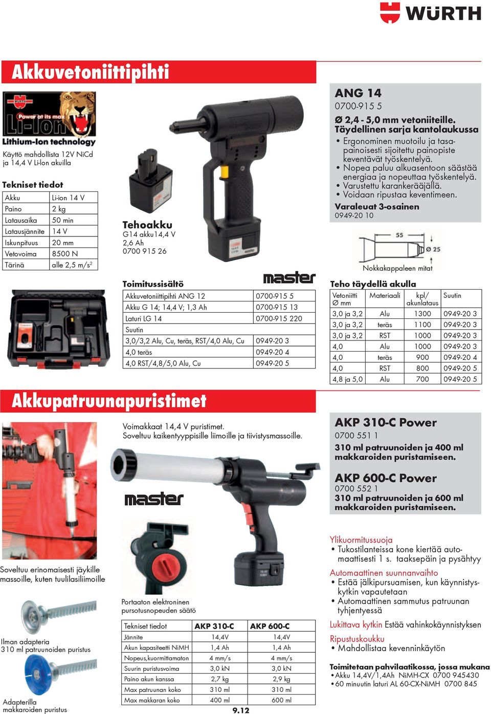 RST/4,0 Alu, Cu 0949-20 3 4,0 teräs 0949-20 4 4,0 RST/4,8/5,0 Alu, Cu 0949-20 5 Voimakkaat 14,4 V puristimet. Soveltuu kaikentyyppisille liimoille ja tiivistysmassoille.