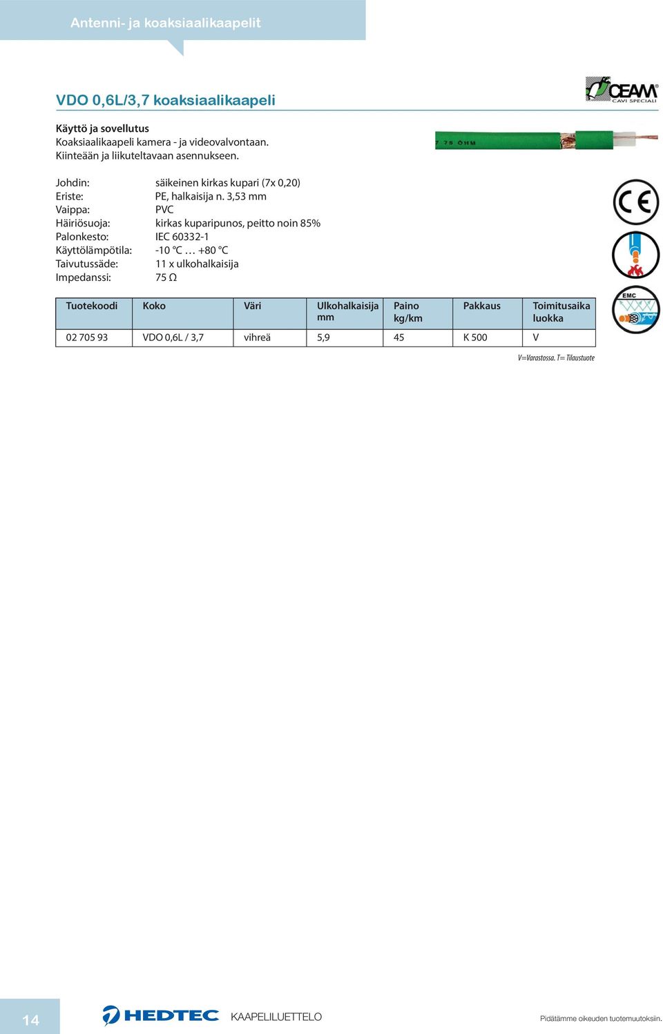 3,53 Häiriösuoja: kirkas kuparipunos, peitto noin 85% Palonkesto: IEC 60332-1 Käyttöläpötila: -10 C +80 C Taivutussäde: 11