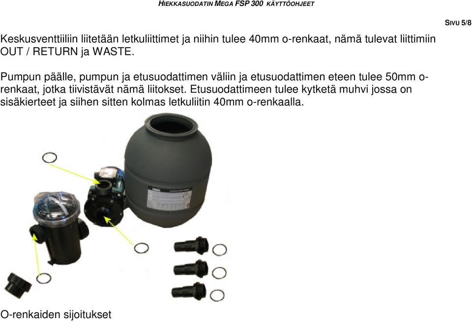 SIVU 5/8 Pumpun päälle, pumpun ja etusuodattimen väliin ja etusuodattimen eteen tulee 50mm o-