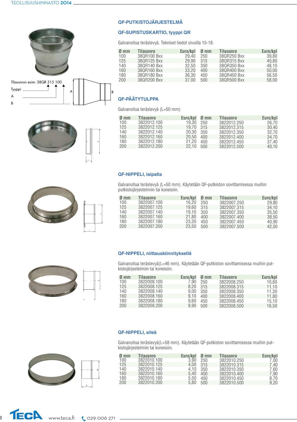 QF-PÄÄTYTULPPA Galvanoitua teräslevyä (L=50 mm) Ø mm 100 Tilausnro 3822012.100 Euro/kpl 19,30 125 3822012.125 19,70 140 3822012.140 20,30 160 3822012.160 20,50 180 3822012.180 21,20 200 3822012.