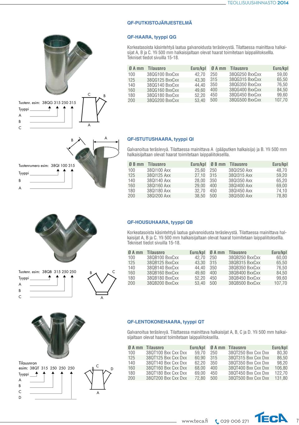 esim: 38QG 315 250 315 C B Ø A mm Tilausnro Euro/kpl 100 38QG100 BxxCxx 42,70 125 38QG125 BxxCxx 43,30 140 38QG140 BxxCxx 44,40 160 38QG160 BxxCxx 49,60 180 38QG180 BxxCxx 52,20 200 38QG200 BxxCxx