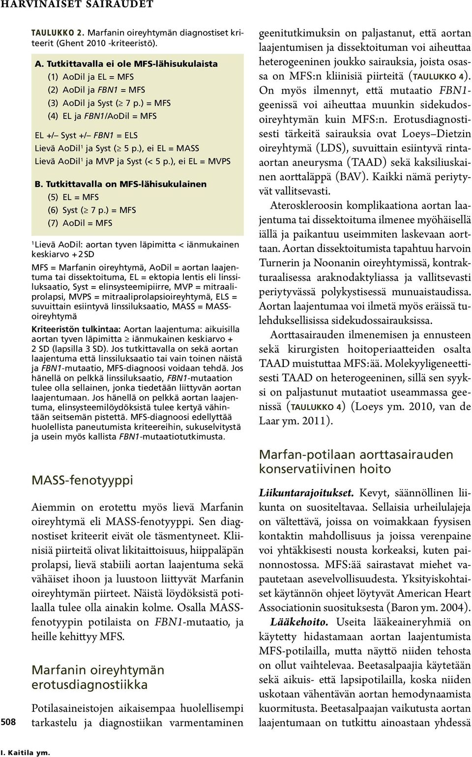 ), ei EL = MASS Lievä AoDil 1 ja MVP ja Syst (< 5 p.), ei EL = MVPS B. Tutkittavalla on MFS-lähisukulainen (5) EL = MFS (6) Syst ( 7 p.