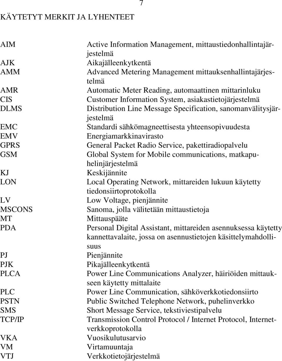 asiakastietojärjestelmä Distribution Line Message Specification, sanomanvälitysjärjestelmä Standardi sähkömagneettisesta yhteensopivuudesta Energiamarkkinavirasto General Packet Radio Service,