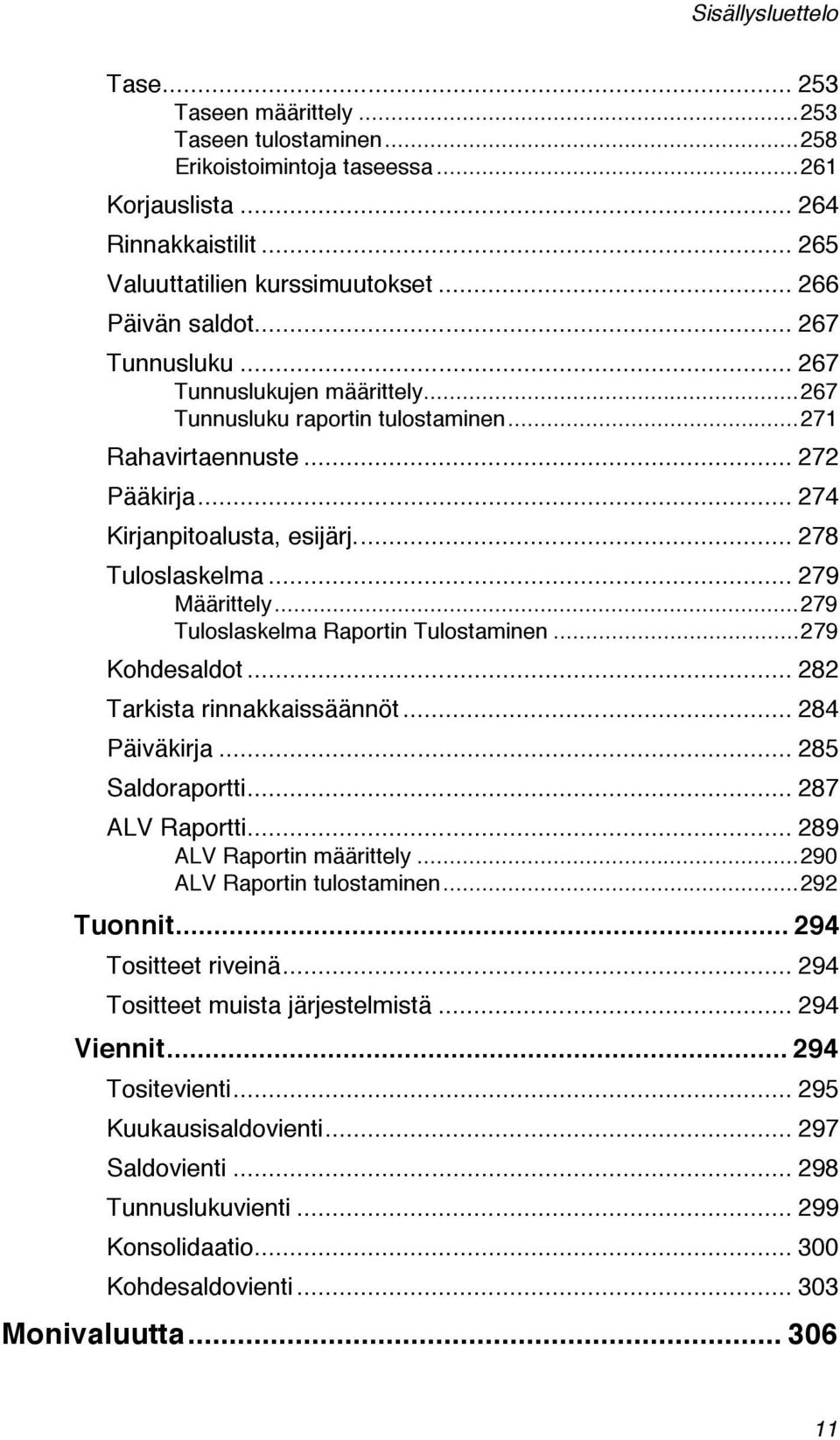 .. 278 Tuloslaskelma... 279 Määrittely...279 Tuloslaskelma Raportin Tulostaminen...279 Kohdesaldot... 282 Tarkista rinnakkaissäännöt... 284 Päiväkirja... 285 Saldoraportti... 287 ALV Raportti.