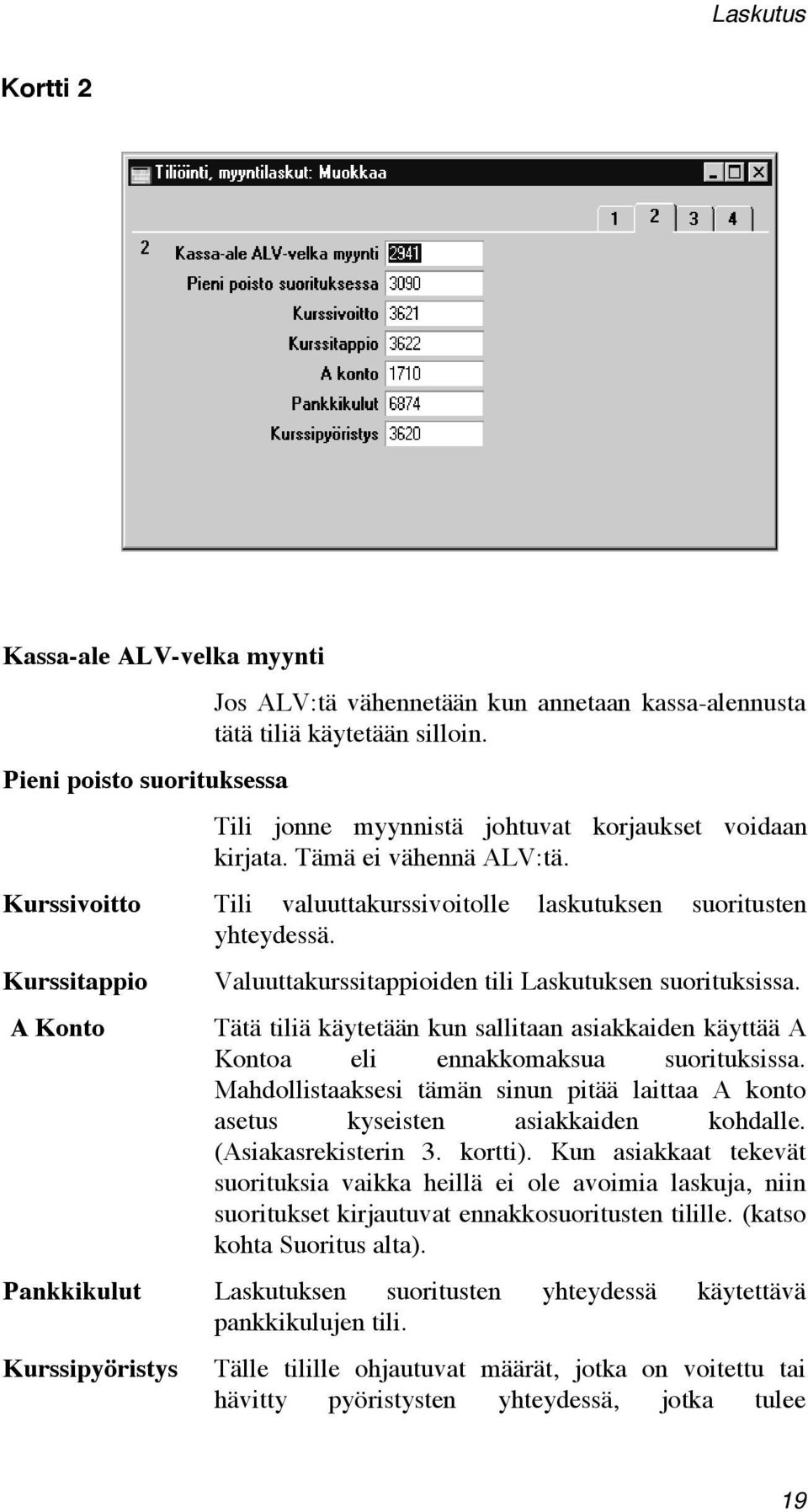 Kurssitappio A Konto Valuuttakurssitappioiden tili Laskutuksen suorituksissa. Tätä tiliä käytetään kun sallitaan asiakkaiden käyttää A Kontoa eli ennakkomaksua suorituksissa.