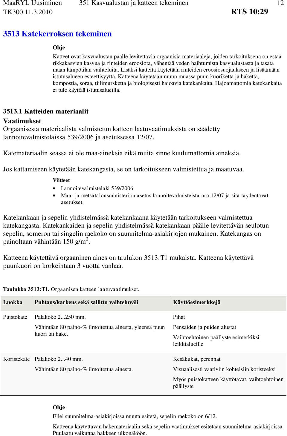 Katteena käytetään muun muassa puun kuoriketta ja haketta, kompostia, soraa, tiilimursketta ja biologisesti hajoavia katekankaita. Hajoamattomia katekankaita ei tule käyttää istutusalueilla. 3513.