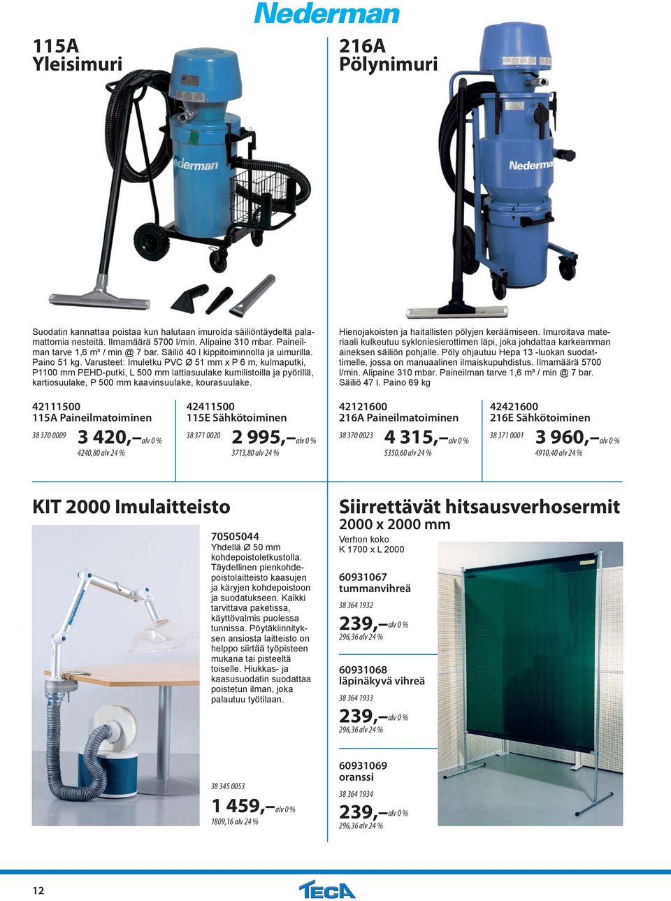 Varusteet: Imuletku PVC Ø 51 mm x P 6 m, kulmaputki, P1100 mm PEHD-putki, L 500 mm lattiasuulake kumilistoilla ja pyörillä, kartiosuulake, P 500 mm kaavinsuulake, kourasuulake.