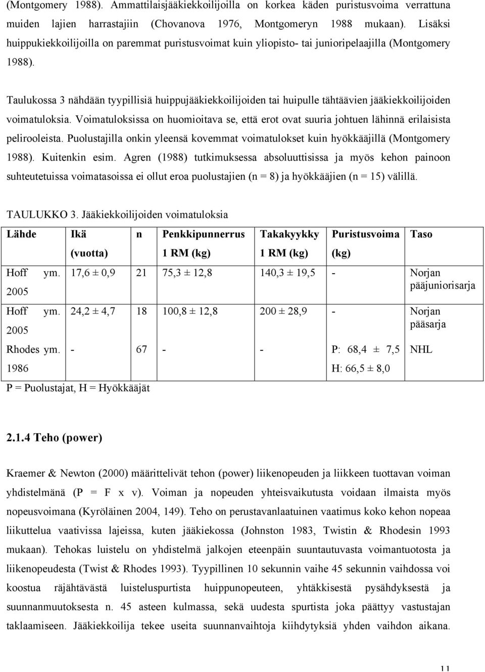 Taulukossa 3 nähdään tyypillisiä huippujääkiekkoilijoiden tai huipulle tähtäävien jääkiekkoilijoiden voimatuloksia.