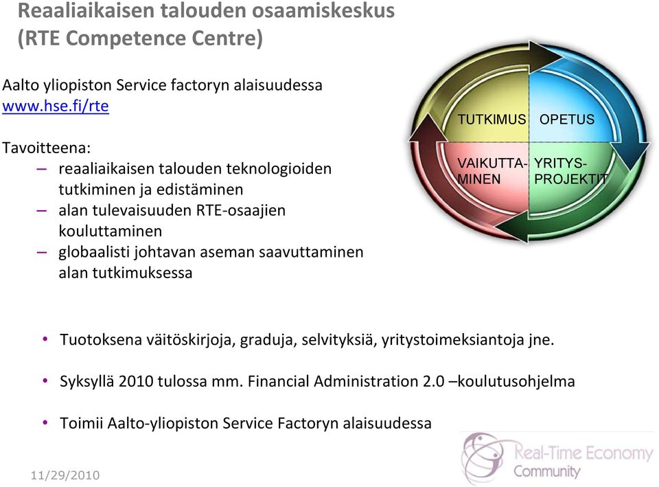 globaalisti johtavan aseman saavuttaminen alan tutkimuksessa TUTKIMUS VAIKUTTA- MINEN OPETUS YRITYS- PROJEKTIT Tuotoksena väitöskirjoja,