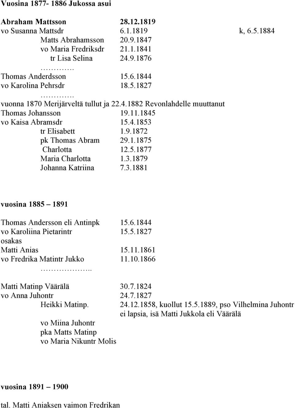 9.1872 pk Thomas Abram 29.1.1875 Charlotta 12.5.1877 Maria Charlotta 1.3.1879 Johanna Katriina 7.3.1881 vuosina 1885 1891 Thomas Andersson eli Antinpk 15.6.1844 vo Karoliina Pietarintr 15.5.1827 osakas Matti Anias 15.