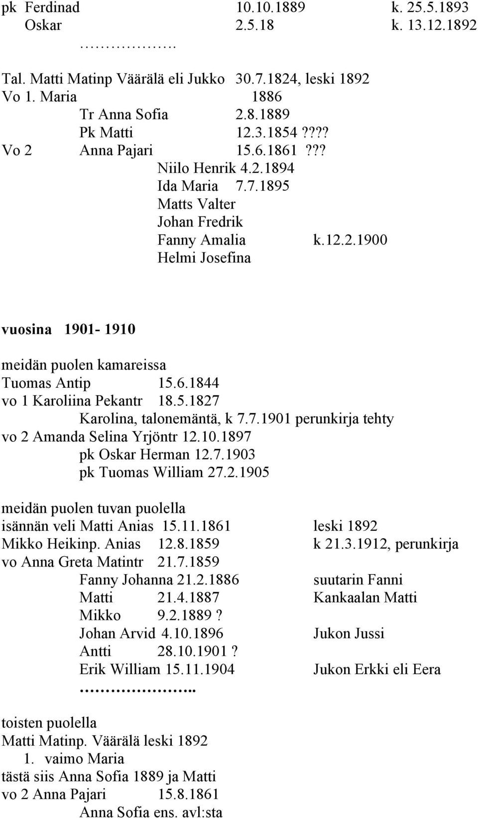 6.1844 vo 1 Karoliina Pekantr 18.5.1827 Karolina, talonemäntä, k 7.7.1901 perunkirja tehty vo 2 Amanda Selina Yrjöntr 12.10.1897 pk Oskar Herman 12.7.1903 pk Tuomas William 27.2.1905 meidän puolen tuvan puolella isännän veli Matti Anias 15.