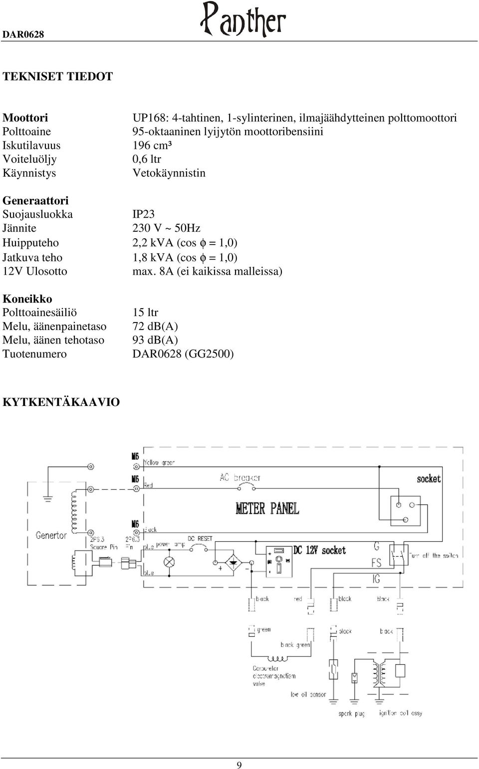 230 V ~ 50Hz Huipputeho 2,2 kva (cos φ = 1,0) Jatkuva teho 1,8 kva (cos φ = 1,0) 12V Ulosotto max.