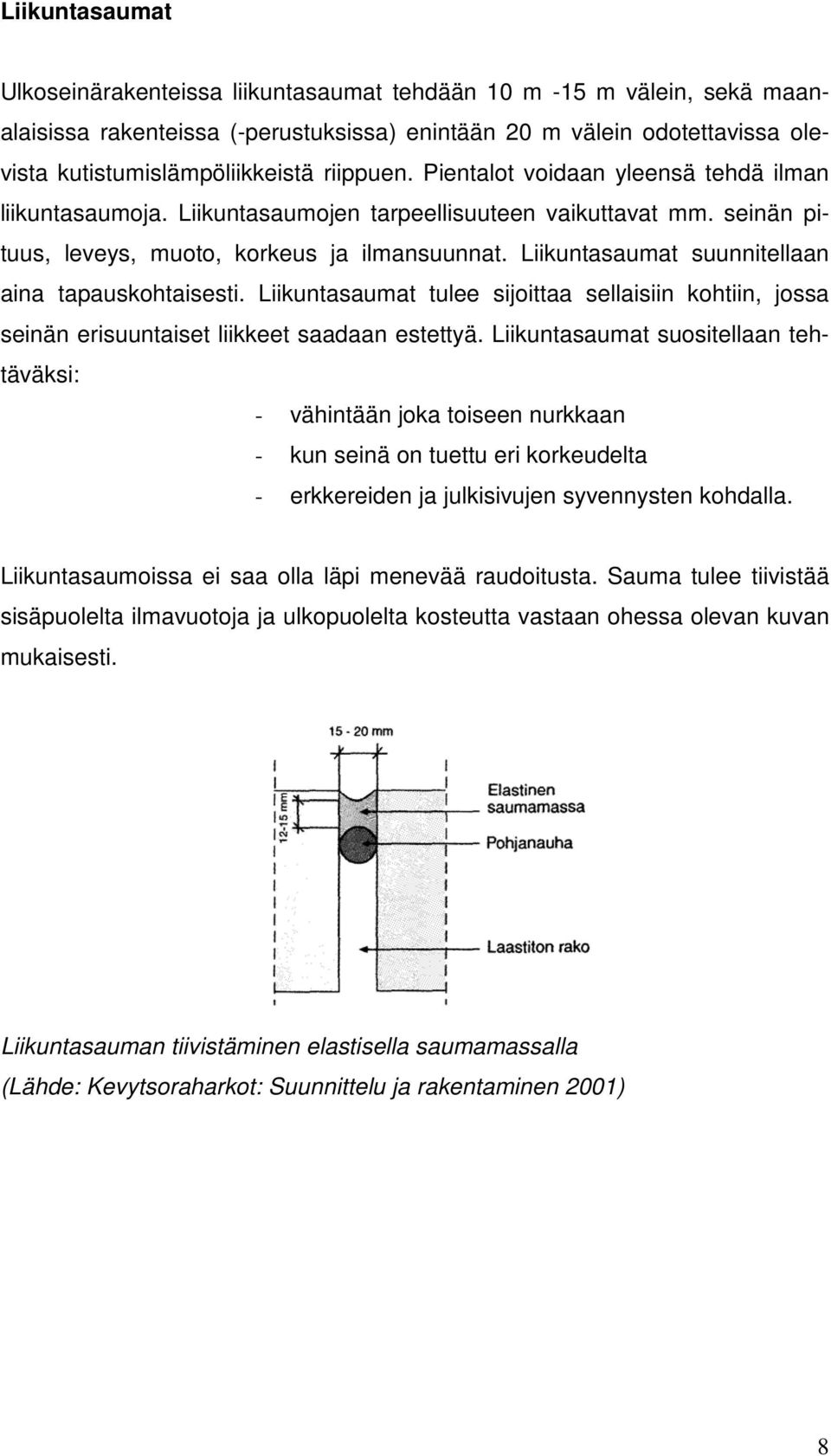 Liikuntasaumat suunnitellaan aina tapauskohtaisesti. Liikuntasaumat tulee sijoittaa sellaisiin kohtiin, jossa seinän erisuuntaiset liikkeet saadaan estettyä.