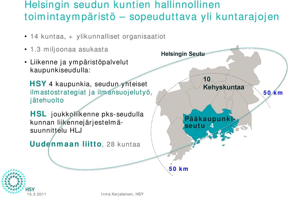 3 miljoonaa asukasta Liikenne ja ympäristöpalvelut kaupunkiseudulla: Helsingin Seutu HSY 4 kaupunkia, seudun