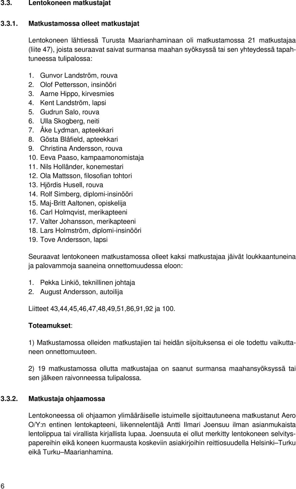 tapahtuneessa tulipalossa: 1. Gunvor Landström, rouva 2. Olof Pettersson, insinööri 3. Aarne Hippo, kirvesmies 4. Kent Landström, lapsi 5. Gudrun Salo, rouva 6. Ulla Skogberg, neiti 7.