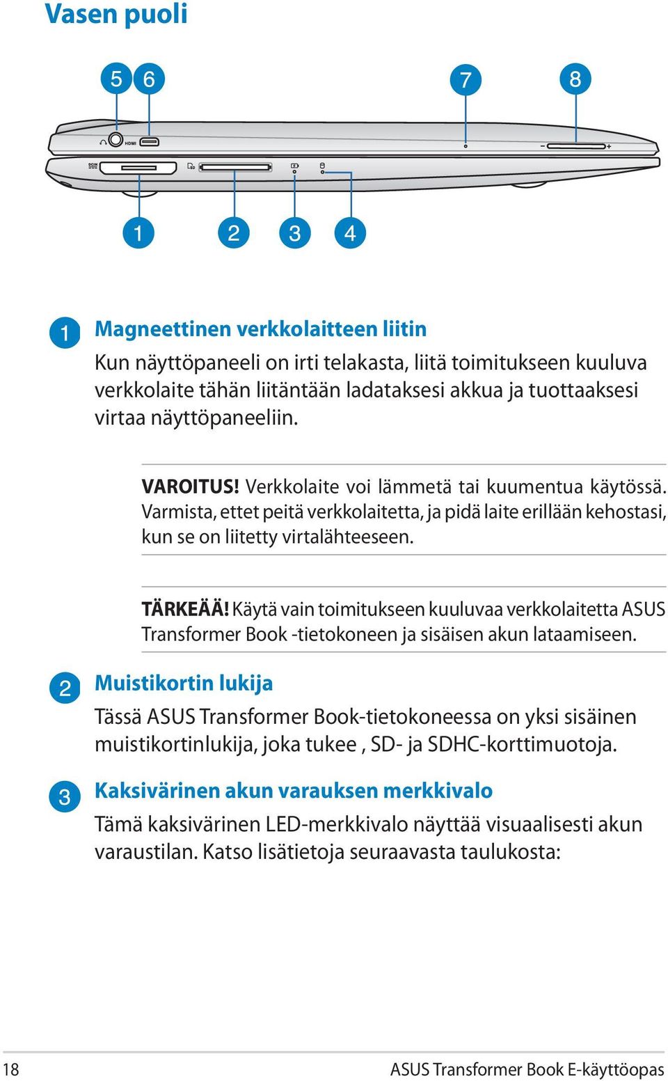 Käytä vain toimitukseen kuuluvaa verkkolaitetta ASUS Transformer Book -tietokoneen ja sisäisen akun lataamiseen.