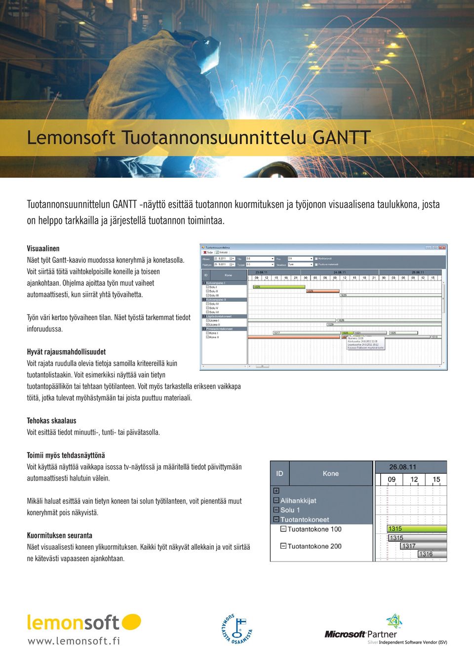 Ohjelma ajoittaa työn muut vaiheet automaattisesti, kun siirrät yhtä työvaihetta. Työn väri kertoo työvaiheen tilan. Näet työstä tarkemmat tiedot inforuudussa.