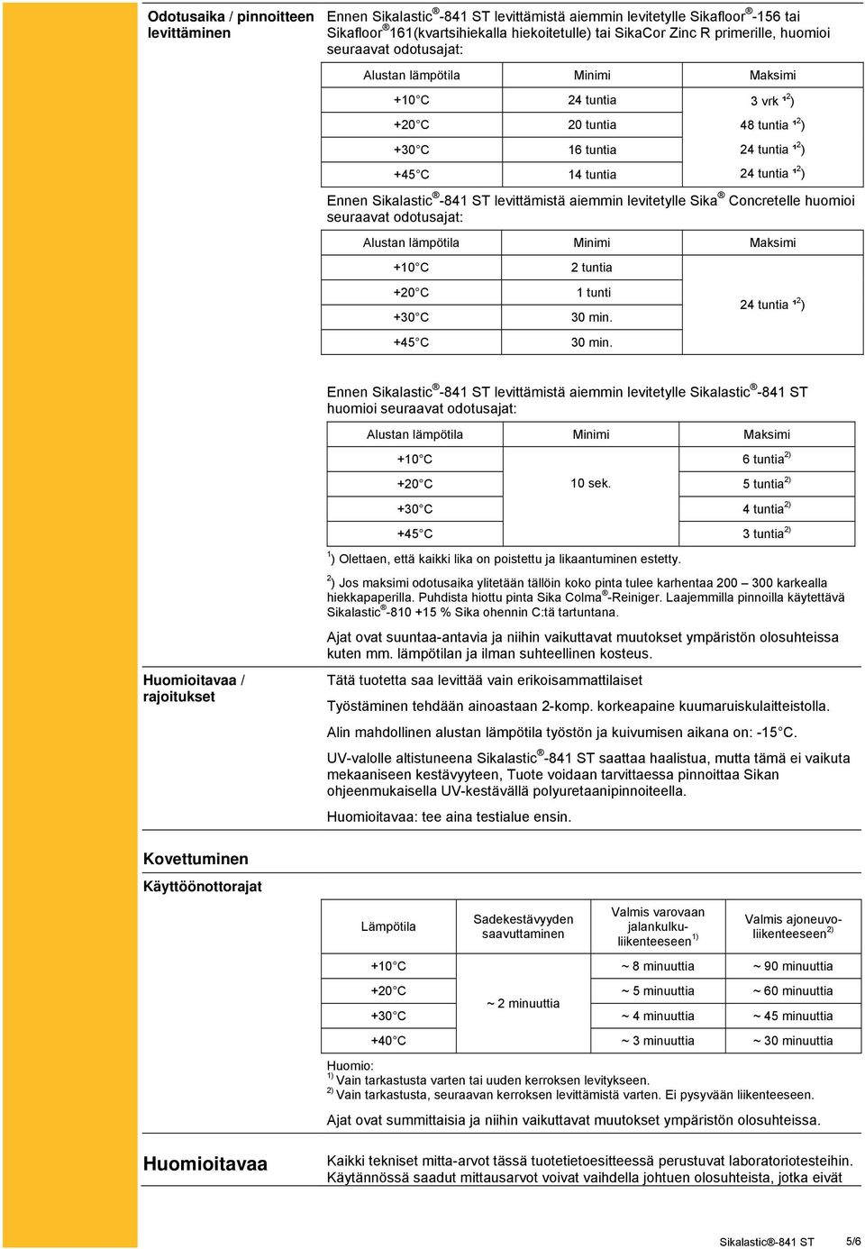 -841 ST levittämistä aiemmin levitetylle Sika Concretelle huomioi seuraavat odotusajat: Alustan lämpötila Minimi Maksimi +10 C +20 C +30 C +45 C 2 tuntia 1 tunti 30 min.