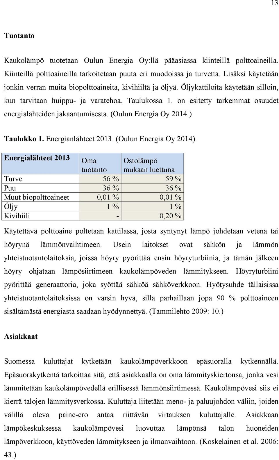 on esitetty tarkemmat osuudet energialähteiden jakaantumisesta. (Oulun Energia Oy 2014.) Taulukko 1. Energianlähteet 2013. (Oulun Energia Oy 2014).