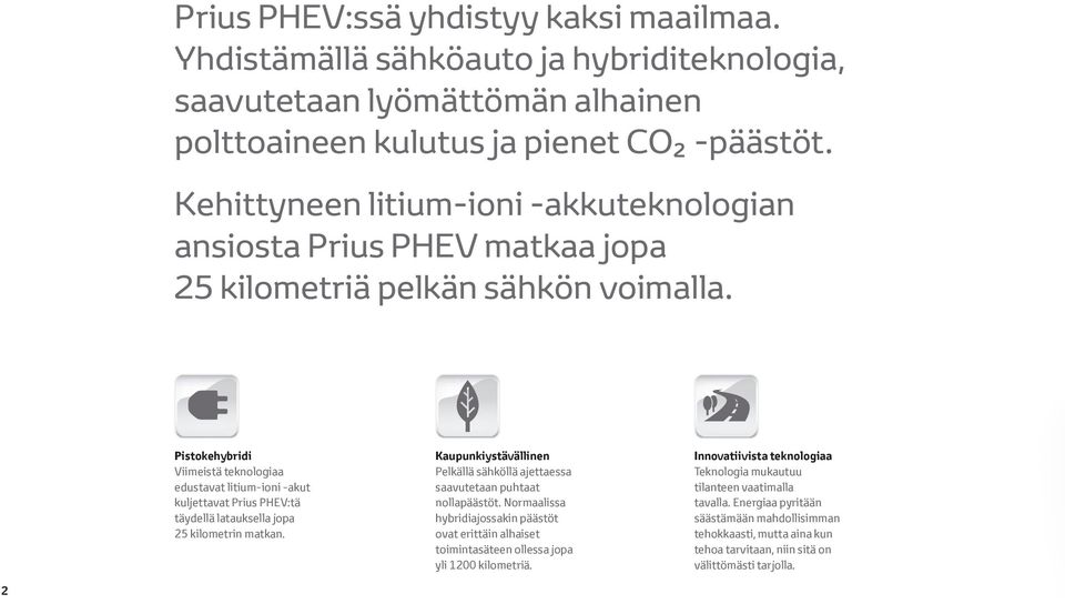 Pistokehybridi Viimeistä teknologiaa edustavat litium-ioni -akut kuljettavat Prius PHEV:tä täydellä latauksella jopa 25 kilometrin matkan.