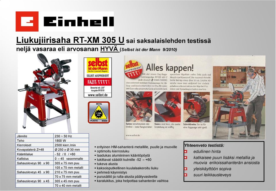 kääntöpöytä Kallistus 0 45 vasemmalle katkaisee puun lisäksi metallia ja lukittavat säädöt kulmille -52 +60 Sahausleveys 90 x 90 305 x 75 mm puu tukeva alusta muovia erikoissahanterän ansiosta