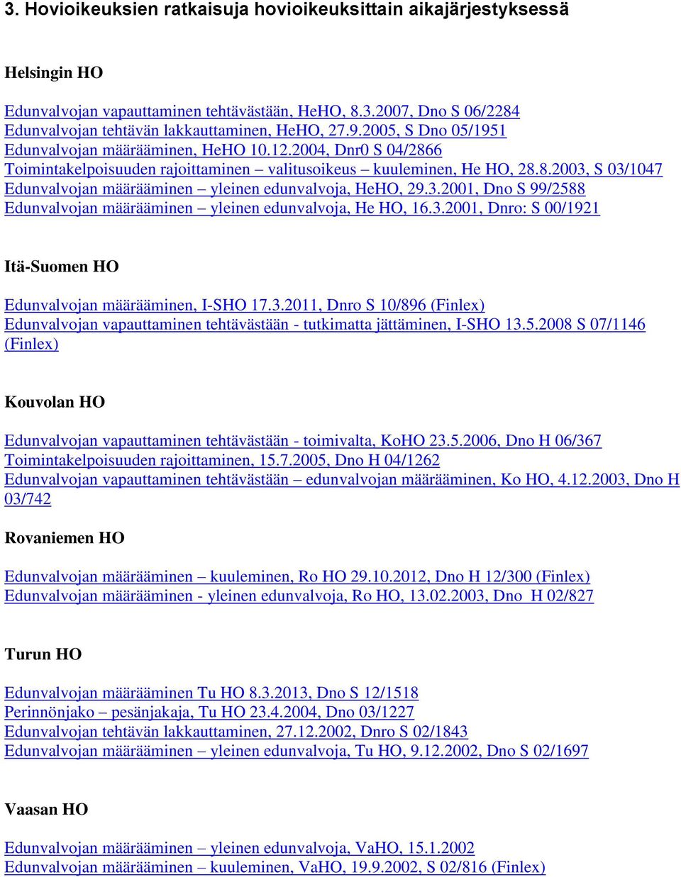 3.2001, Dno S 99/2588 Edunvalvojan määrääminen yleinen edunvalvoja, He HO, 16.3.2001, Dnro: S 00/1921 Itä-Suomen HO Edunvalvojan määrääminen, I-SHO 17.3.2011, Dnro S 10/896 (Finlex) Edunvalvojan vapauttaminen tehtävästään - tutkimatta jättäminen, I-SHO 13.