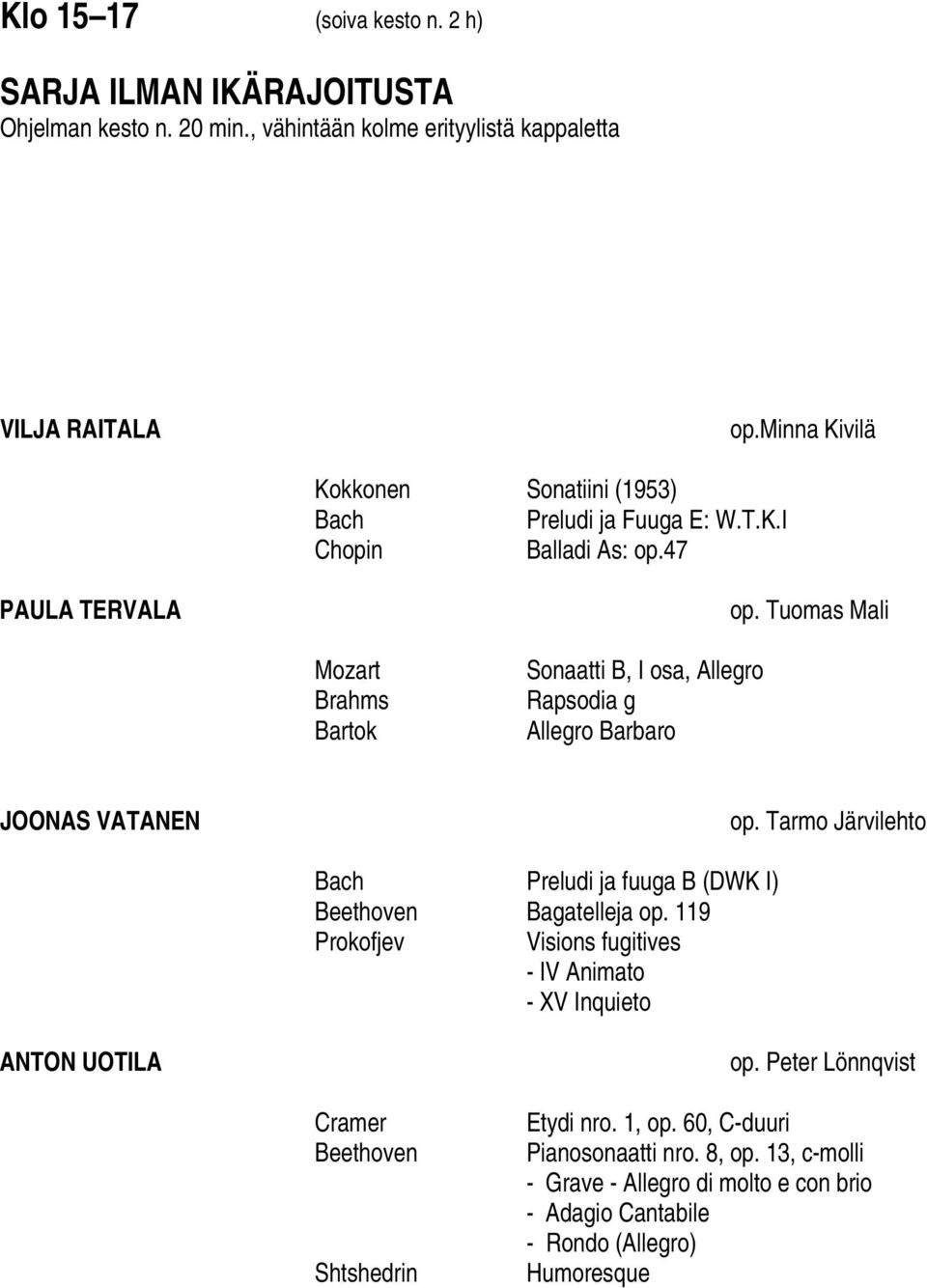 Tuomas Mali Mozart Brahms Bartok Sonaatti B, I osa, Allegro Rapsodia g Allegro Barbaro JOONAS VATANEN Preludi ja fuuga B (DWK I) Beethoven Bagatelleja op.