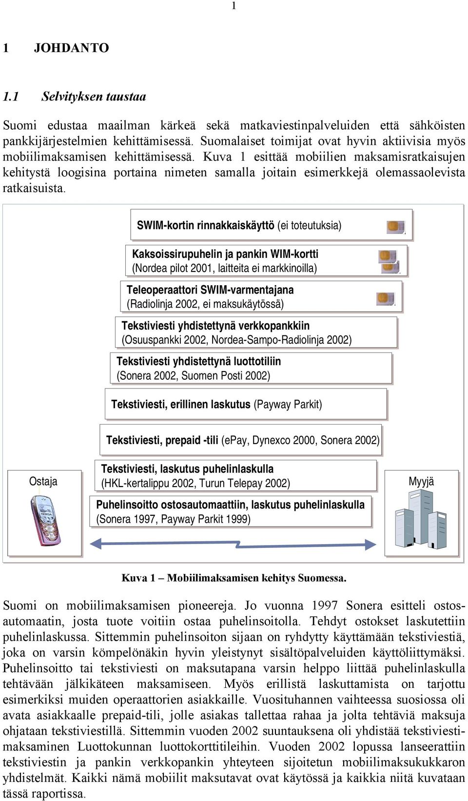 Kuva 1 esittää mobiilien maksamisratkaisujen kehitystä loogisina portaina nimeten samalla joitain esimerkkejä olemassaolevista ratkaisuista.